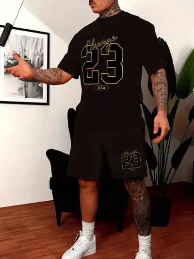 Summer Casual Short Sleeve Basic T-Shirt Shorts Set for Men