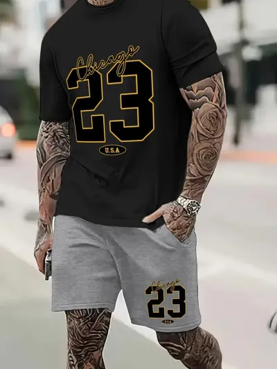 Summer Casual Short Sleeve Basic T-Shirt Shorts Set for Men