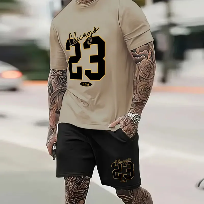Summer Casual Short Sleeve Basic T-Shirt Shorts Set for Men