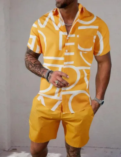 Men Casual Hawaiian Short Sleeve Shirt Shorts Set