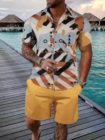 Men Casual Hawaiian Short Sleeve Shirt Shorts Set