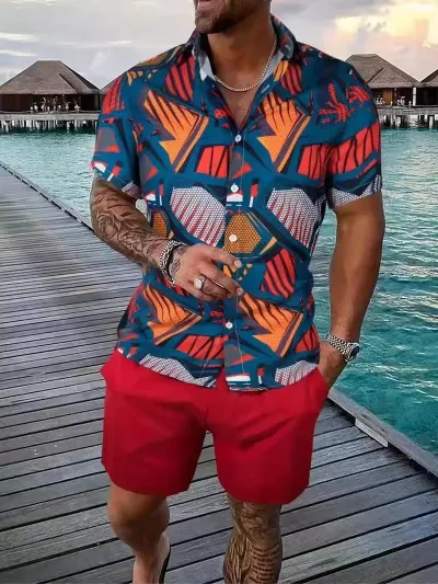 Men Casual Hawaiian Short Sleeve Shirt Shorts Set
