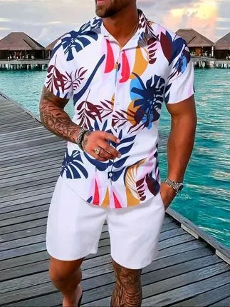 Men Casual Hawaiian Short Sleeve Shirt Shorts Set