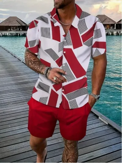 Men Casual Hawaiian Short Sleeve Shirt Shorts Set