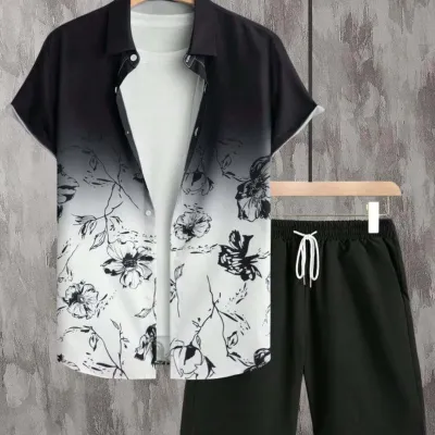 Men Casual Hawaiian Short Sleeve Shirt Shorts Set