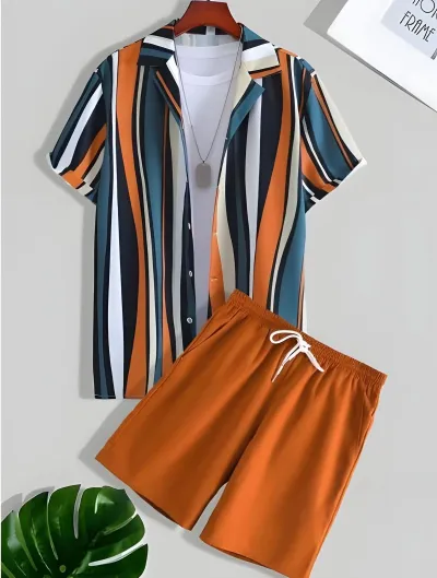 Men Casual Hawaiian Short Sleeve Shirt Shorts Set