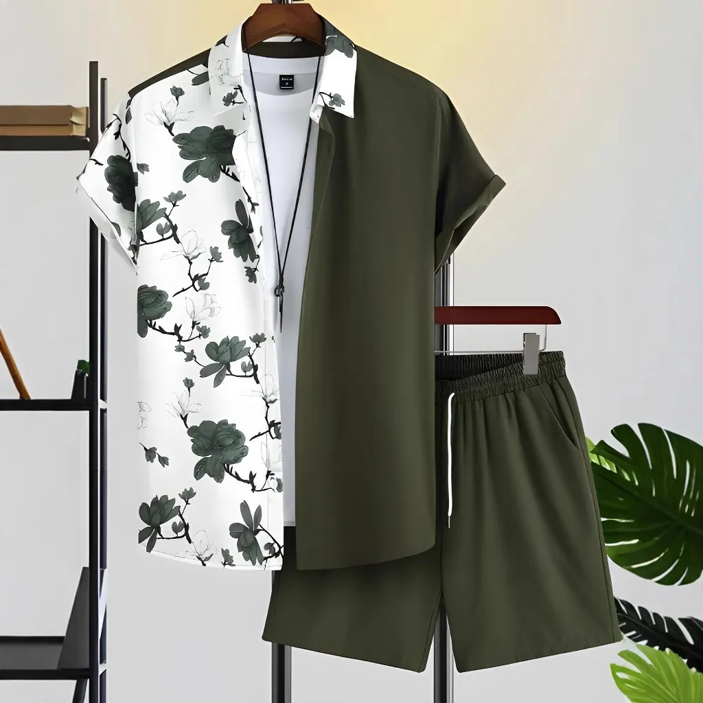 Men Casual Hawaiian Short Sleeve Shirt Shorts Set