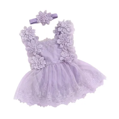 Baby Girl Solid Color Lace Flower Mesh Dress Sleeveless Cotton Summer Outfit
