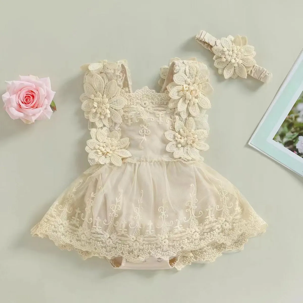 Baby Girl Solid Color Lace Flower Mesh Dress Sleeveless Cotton Summer Outfit