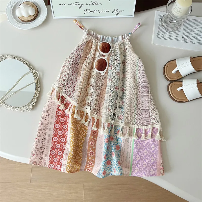 Girls Boho Style Tassel Sun Dress for Kids 3-14T Cotton Sling Camouflage