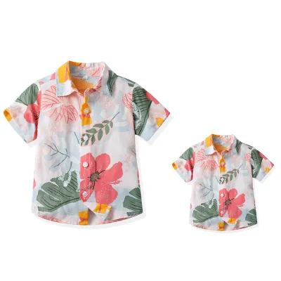 Summer Short-Sleeved Lapel Hawaiian Flower Shirt for Kids Boys Cotton Casual