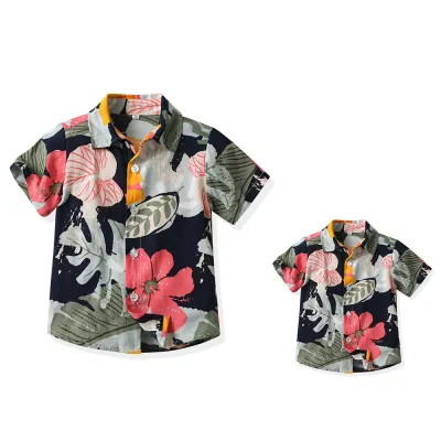 Summer Short-Sleeved Lapel Hawaiian Flower Shirt for Kids Boys Cotton Casual