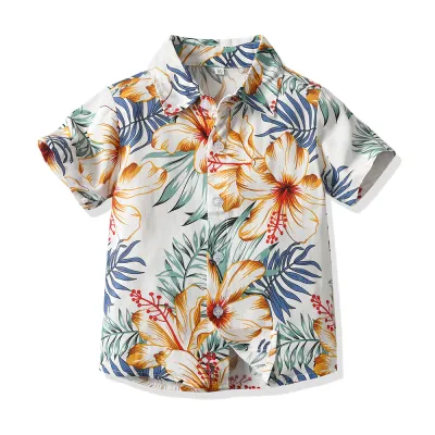 Summer Short-Sleeved Lapel Hawaiian Flower Shirt for Kids Boys Cotton Casual