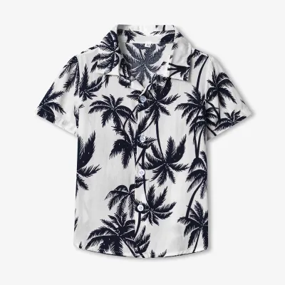 Summer Short-Sleeved Lapel Hawaiian Flower Shirt for Kids Boys Cotton Casual