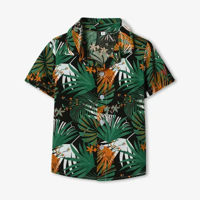 Summer Short-Sleeved Lapel Hawaiian Flower Shirt for Kids Boys Cotton Casual