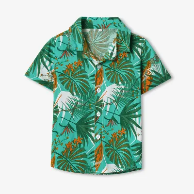 Summer Short-Sleeved Lapel Hawaiian Flower Shirt for Kids Boys Cotton Casual