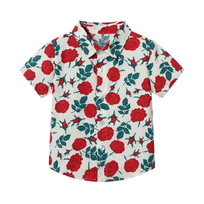 Summer Short-Sleeved Lapel Hawaiian Flower Shirt for Kids Boys Cotton Casual