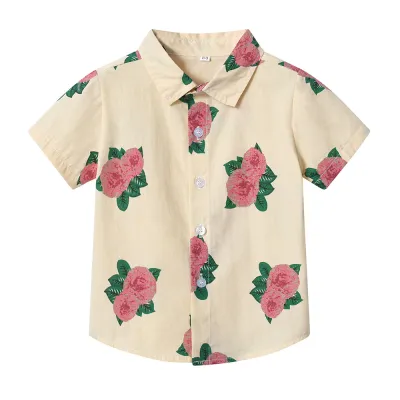 Summer Short-Sleeved Lapel Hawaiian Flower Shirt for Kids Boys Cotton Casual