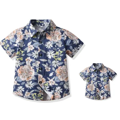 Summer Short-Sleeved Lapel Hawaiian Flower Shirt for Kids Boys Cotton Casual