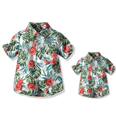 Summer Short-Sleeved Lapel Hawaiian Flower Shirt for Kids Boys Cotton Casual