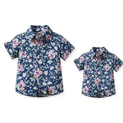 Summer Short-Sleeved Lapel Hawaiian Flower Shirt for Kids Boys Cotton Casual