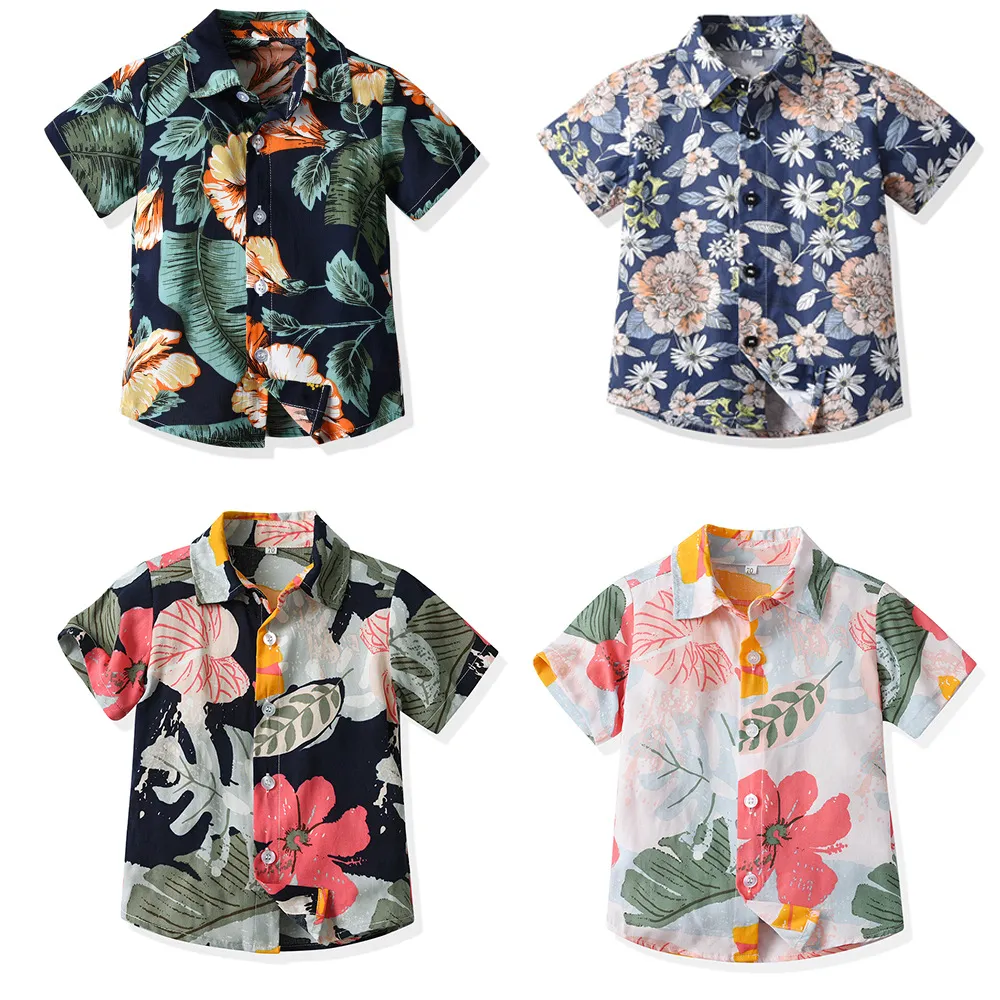 Summer Short-Sleeved Lapel Hawaiian Flower Shirt for Kids Boys Cotton Casual