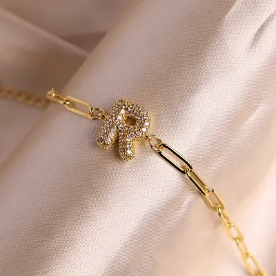 Vintage Copper Alphabet Zircon Chain Adjustable Bracelet Unisex