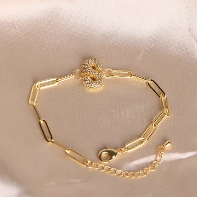 Vintage Copper Alphabet Zircon Chain Adjustable Bracelet Unisex
