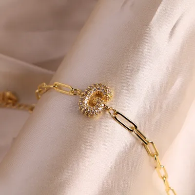 Vintage Copper Alphabet Zircon Chain Adjustable Bracelet Unisex