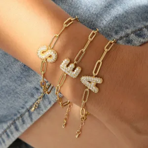 Vintage Copper Alphabet Zircon Chain Adjustable Bracelet Unisex