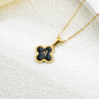 Fashion Clover 26 Letter Black White Fritillaria Titanium Steel Necklace