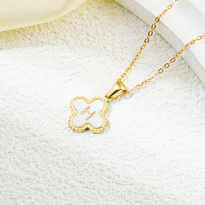 Fashion Clover 26 Letter Black White Fritillaria Titanium Steel Necklace