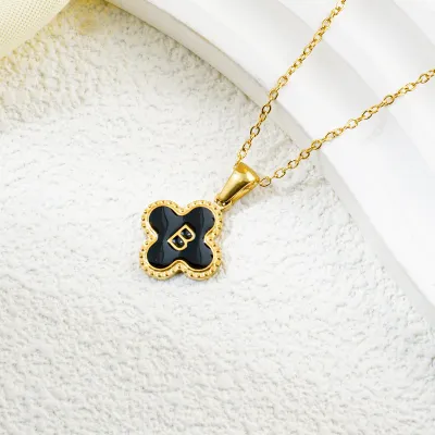 Fashion Clover 26 Letter Black White Fritillaria Titanium Steel Necklace