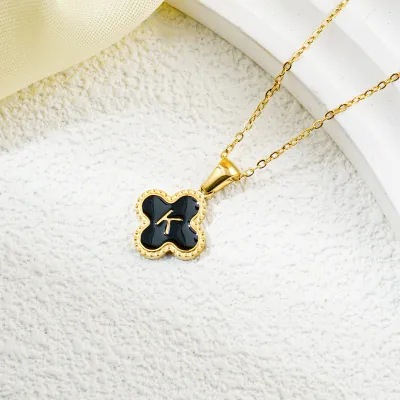 Fashion Clover 26 Letter Black White Fritillaria Titanium Steel Necklace