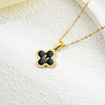 Fashion Clover 26 Letter Black White Fritillaria Titanium Steel Necklace