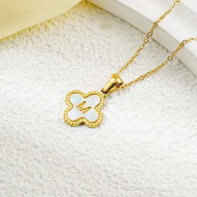 Fashion Clover 26 Letter Black White Fritillaria Titanium Steel Necklace