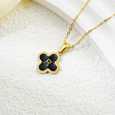 Fashion Clover 26 Letter Black White Fritillaria Titanium Steel Necklace