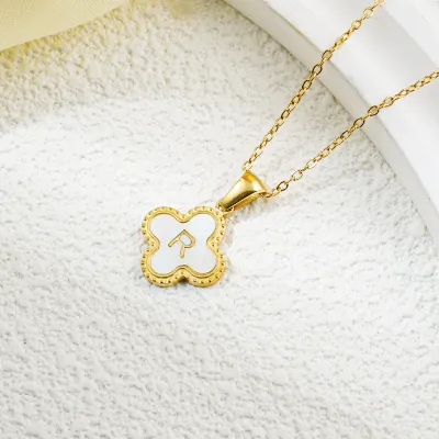 Fashion Clover 26 Letter Black White Fritillaria Titanium Steel Necklace