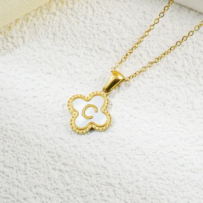 Fashion Clover 26 Letter Black White Fritillaria Titanium Steel Necklace