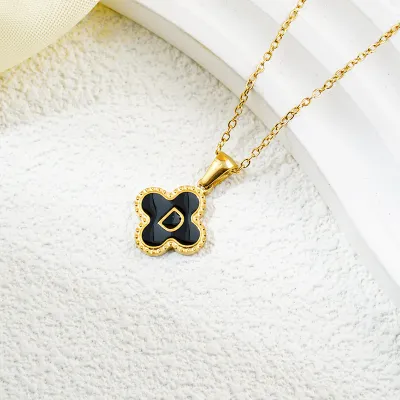 Fashion Clover 26 Letter Black White Fritillaria Titanium Steel Necklace