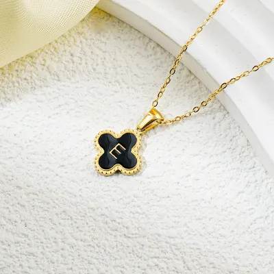 Fashion Clover 26 Letter Black White Fritillaria Titanium Steel Necklace