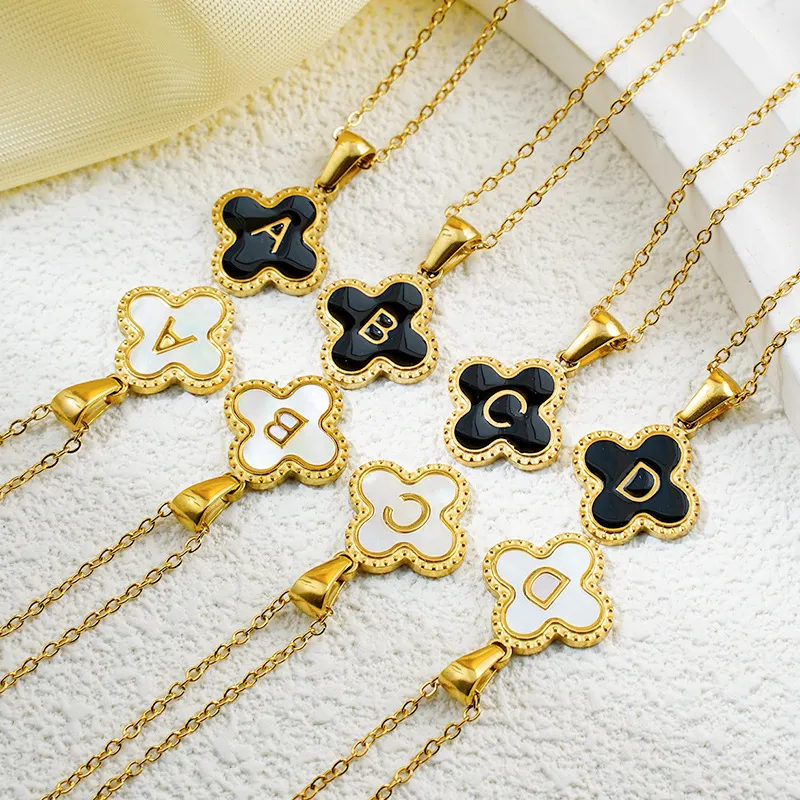 Fashion Clover 26 Letter Black White Fritillaria Titanium Steel Necklace