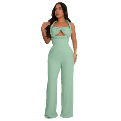 Women Sexy Solid Color Halter-Neck High Waist Woven Loose Jumpsuits