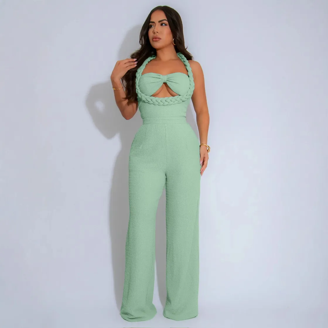Women Sexy Solid Color Halter-Neck High Waist Woven Loose Jumpsuits