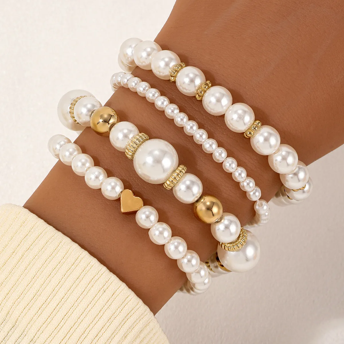 Women Fashion Love Heart Pearl Beads Bracelet 4-Piece Set
