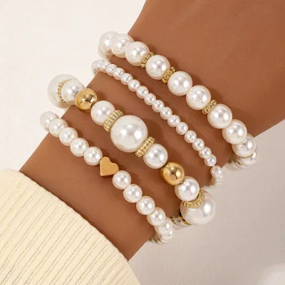 Women Fashion Love Heart Pearl Beads Bracelet 4-Piece Set