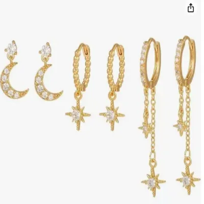 Women Fashion Zircon Star Moon Chain Tassel Earrings Set