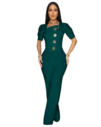 Women Large Button Short Sleeve Jumpsuits