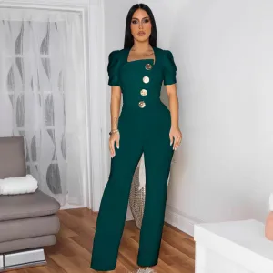 Women Large Button Short Sleeve Jumpsuits