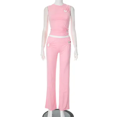 Women Solid Color Summer Round Neck Pullover Tank Top Hollow Heart Low Waist Pants Set